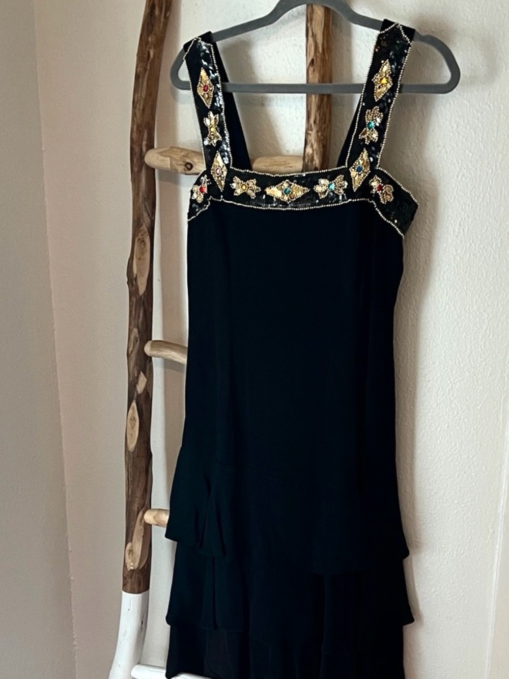 Jessica McClintock Square Neck Black Dress with Sequin & Bead Detail Medium
